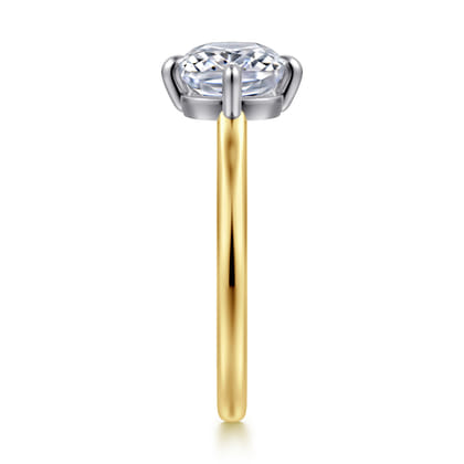 Lou - 14K White-Yellow Gold East West Elongated Cushion Compass Prong Solitaire Diamond Engagement Ring