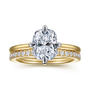 Lou - 14K White-Yellow Gold Elongated Cushion Compass Prong Solitaire Diamond Engagement Ring