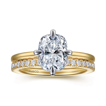 Lou - 14K White-Yellow Gold Elongated Cushion Compass Prong Solitaire Diamond Engagement Ring