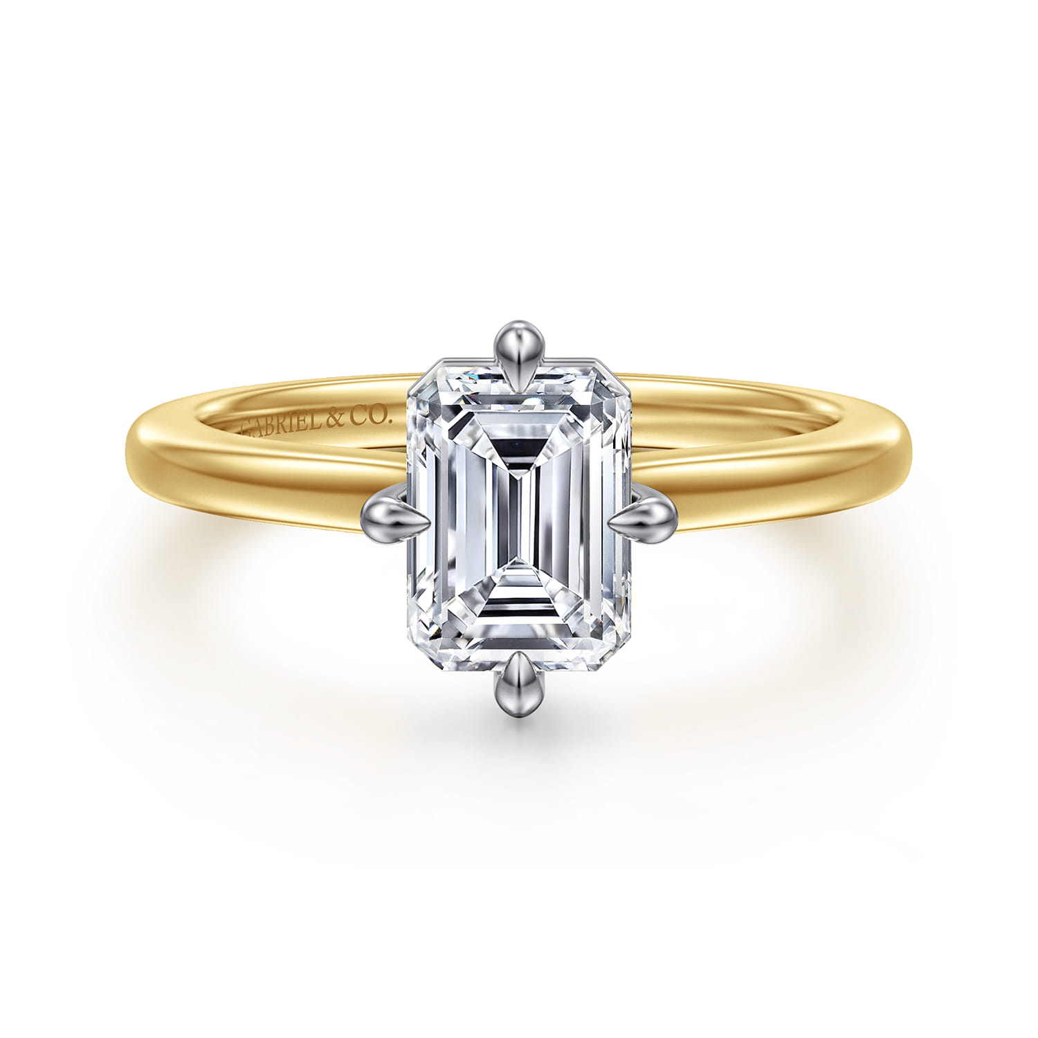 Lou - 14K White-Yellow Gold Emerald Cut Compass Prong Solitaire Diamond Engagement Ring