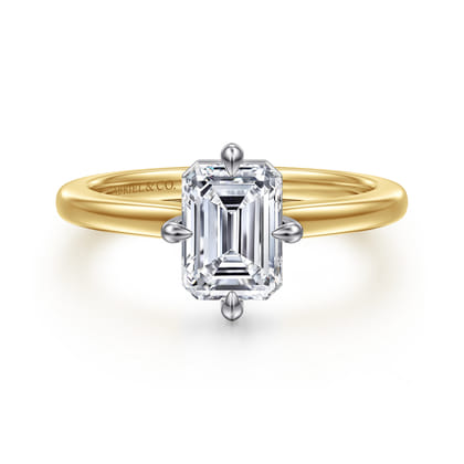 Lou - 14K White-Yellow Gold Emerald Cut Compass Prong Solitaire Diamond Engagement Ring