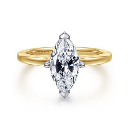 Lou - 14K White-Yellow Gold Marquise Shape Compass Prong Solitaire Diamond Engagement Ring