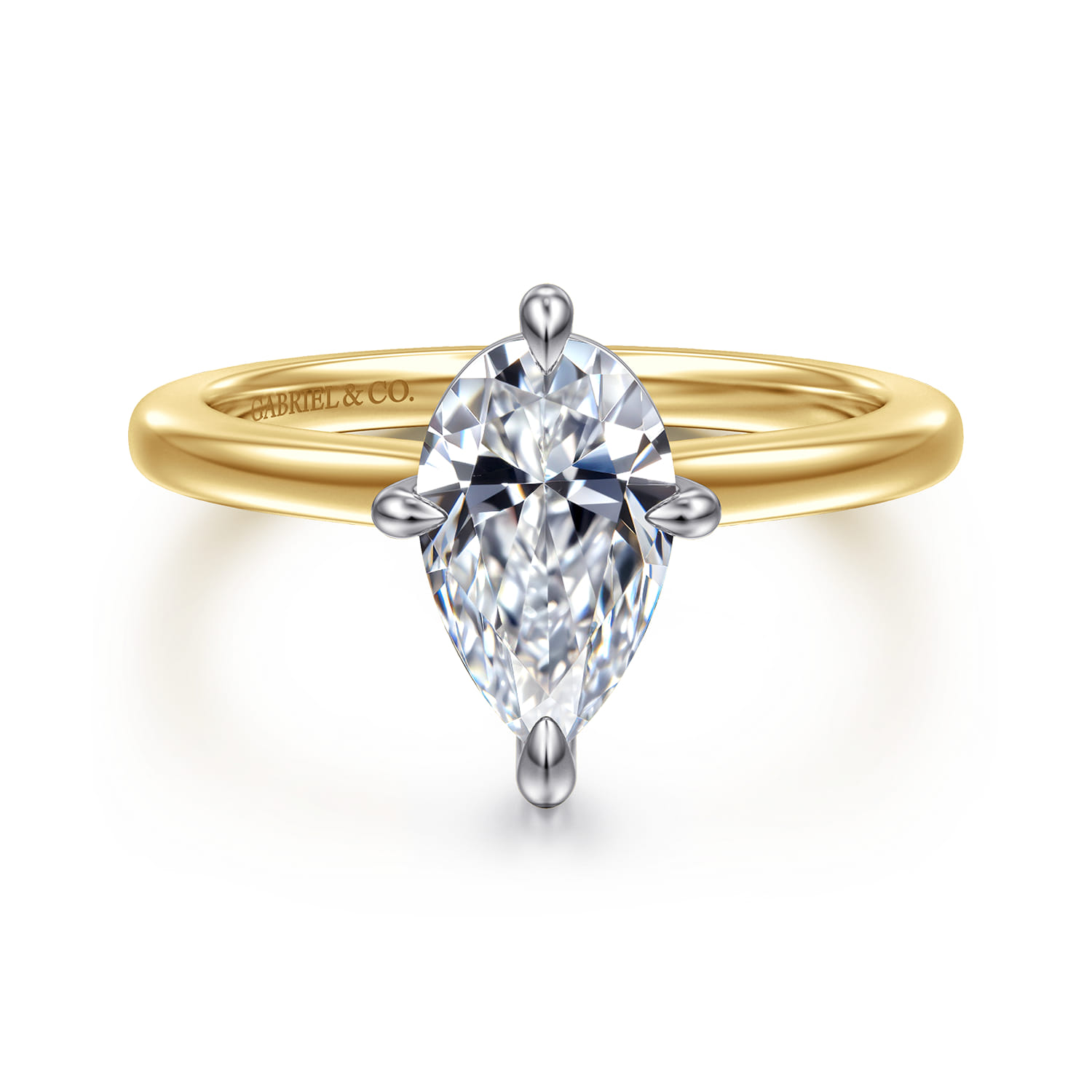 Lou - 14K White-Yellow Gold Pear Shape Compass Prong Solitaire Diamond Engagement Ring