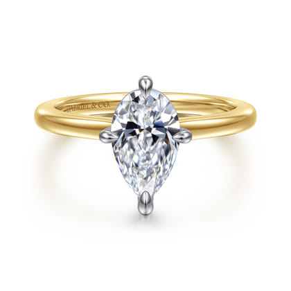 Lou - 14K White-Yellow Gold Pear Shape Compass Prong Solitaire Diamond Engagement Ring