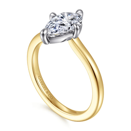 Lou - 14K White-Yellow Gold Pear Shape Compass Prong Solitaire Diamond Engagement Ring