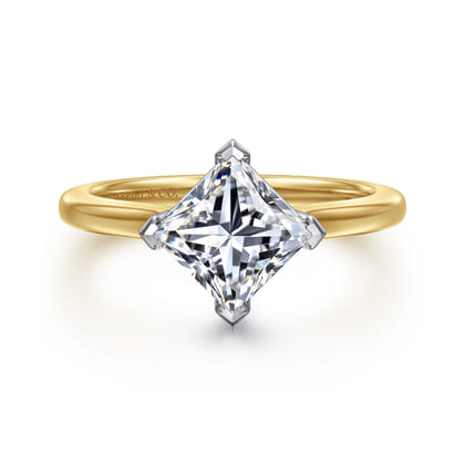 Lou - 14K White-Yellow Gold Princess Cut Compass Prong Solitaire Diamond Engagement Ring