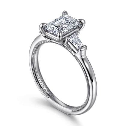 Louann - 14K White Gold Emerald Cut Three Stone Diamond Engagement Ring