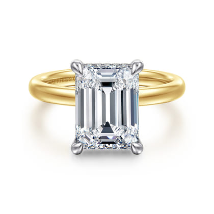 Lua - 14K White-Yellow Gold Hidden Halo Emerald Cut Diamond Engagement Ring