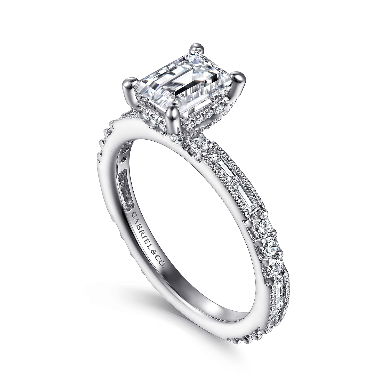 Luca - Art Deco 14K White Gold Emerald Cut Diamond Engagement Ring