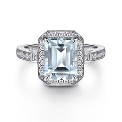 Luiza - 14K White Gold Emerald Three Stone Halo Aquamarine and Diamond Engagement Ring