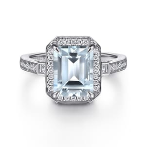 Luiza - 14K White Gold Emerald Three Stone Halo Aquamarine and Diamond Engagement Ring