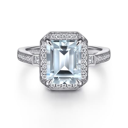 Luiza - 14K White Gold Emerald Three Stone Halo Aquamarine and Diamond Engagement Ring