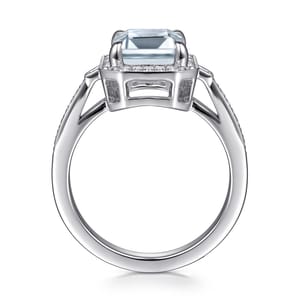 Luiza - 14K White Gold Emerald Three Stone Halo Aquamarine and Diamond Engagement Ring