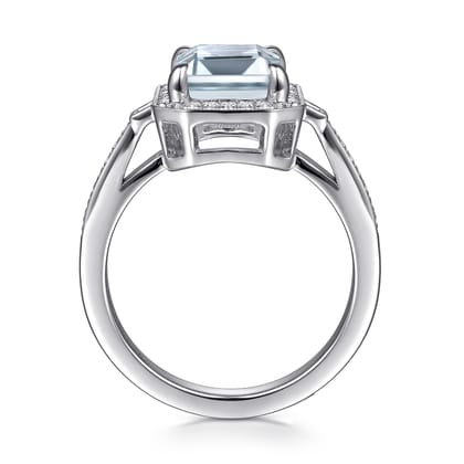 Luiza - 14K White Gold Emerald Three Stone Halo Aquamarine and Diamond Engagement Ring