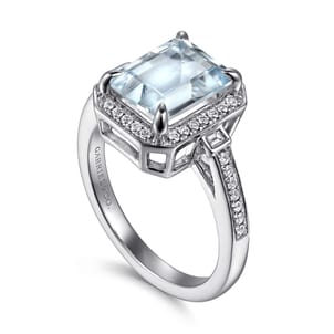 Luiza - 14K White Gold Emerald Three Stone Halo Aquamarine and Diamond Engagement Ring
