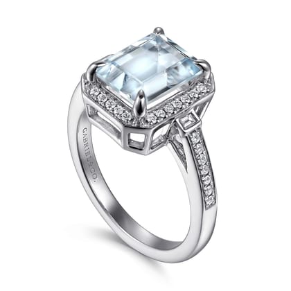 Luiza - 14K White Gold Emerald Three Stone Halo Aquamarine and Diamond Engagement Ring