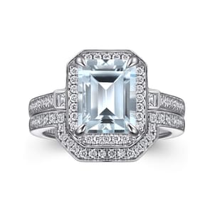 Luiza - 14K White Gold Emerald Three Stone Halo Aquamarine and Diamond Engagement Ring
