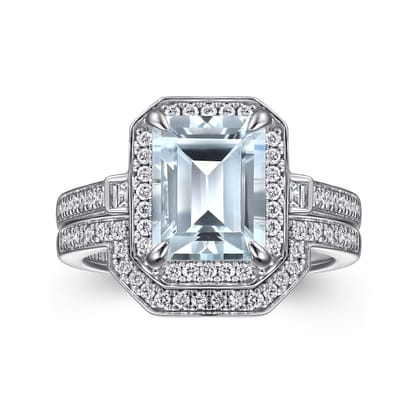 Luiza - 14K White Gold Emerald Three Stone Halo Aquamarine and Diamond Engagement Ring