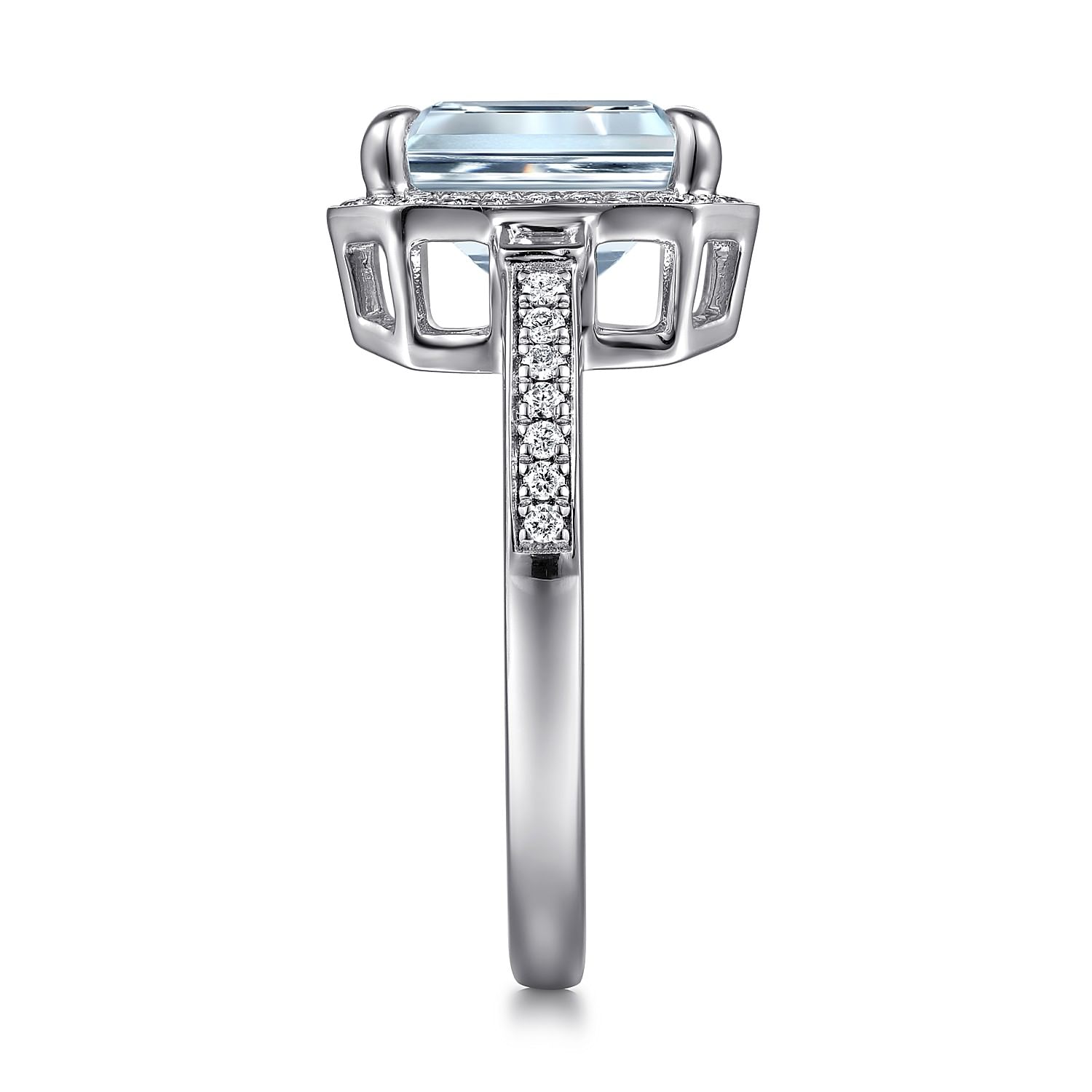 Luiza - 14K White Gold Emerald Three Stone Halo Aquamarine and Diamond Engagement Ring