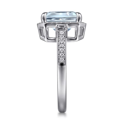 Luiza - 14K White Gold Emerald Three Stone Halo Aquamarine and Diamond Engagement Ring