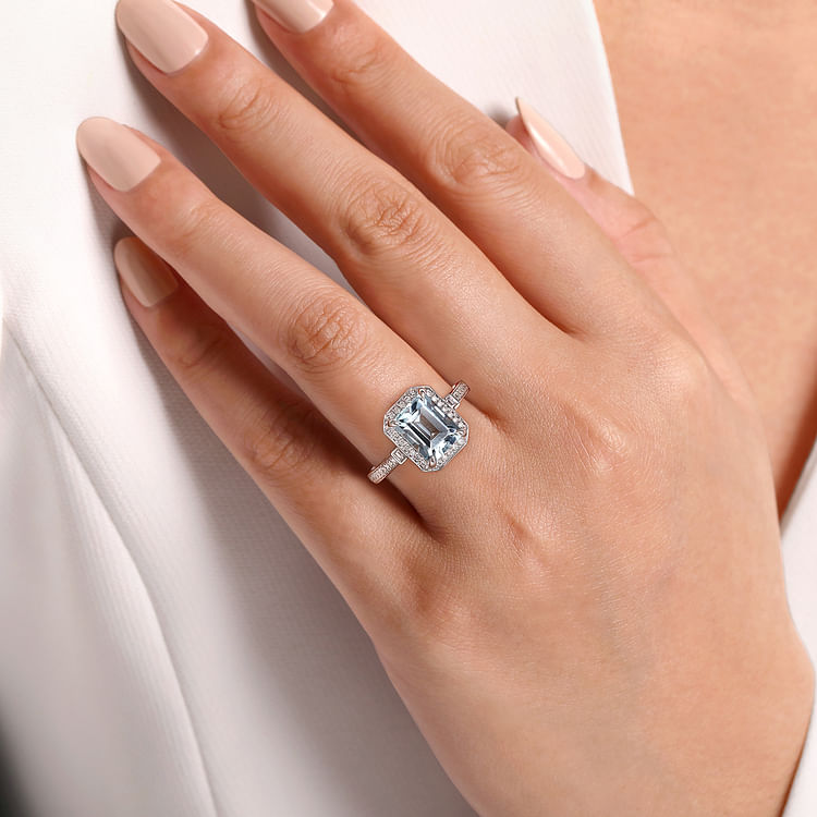 Luiza - 14K White Gold Emerald Three Stone Halo Aquamarine and Diamond Engagement Ring