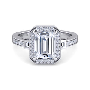 Luiza - 14K White Gold Emerald Three Stone Halo Diamond Engagement Ring