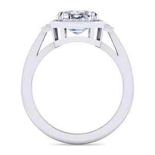 Luiza - 14K White Gold Emerald Three Stone Halo Diamond Engagement Ring