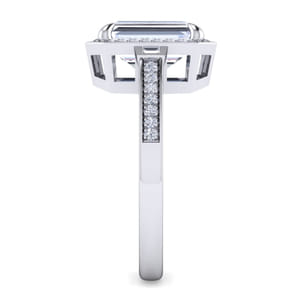 Luiza - 14K White Gold Emerald Three Stone Halo Diamond Engagement Ring