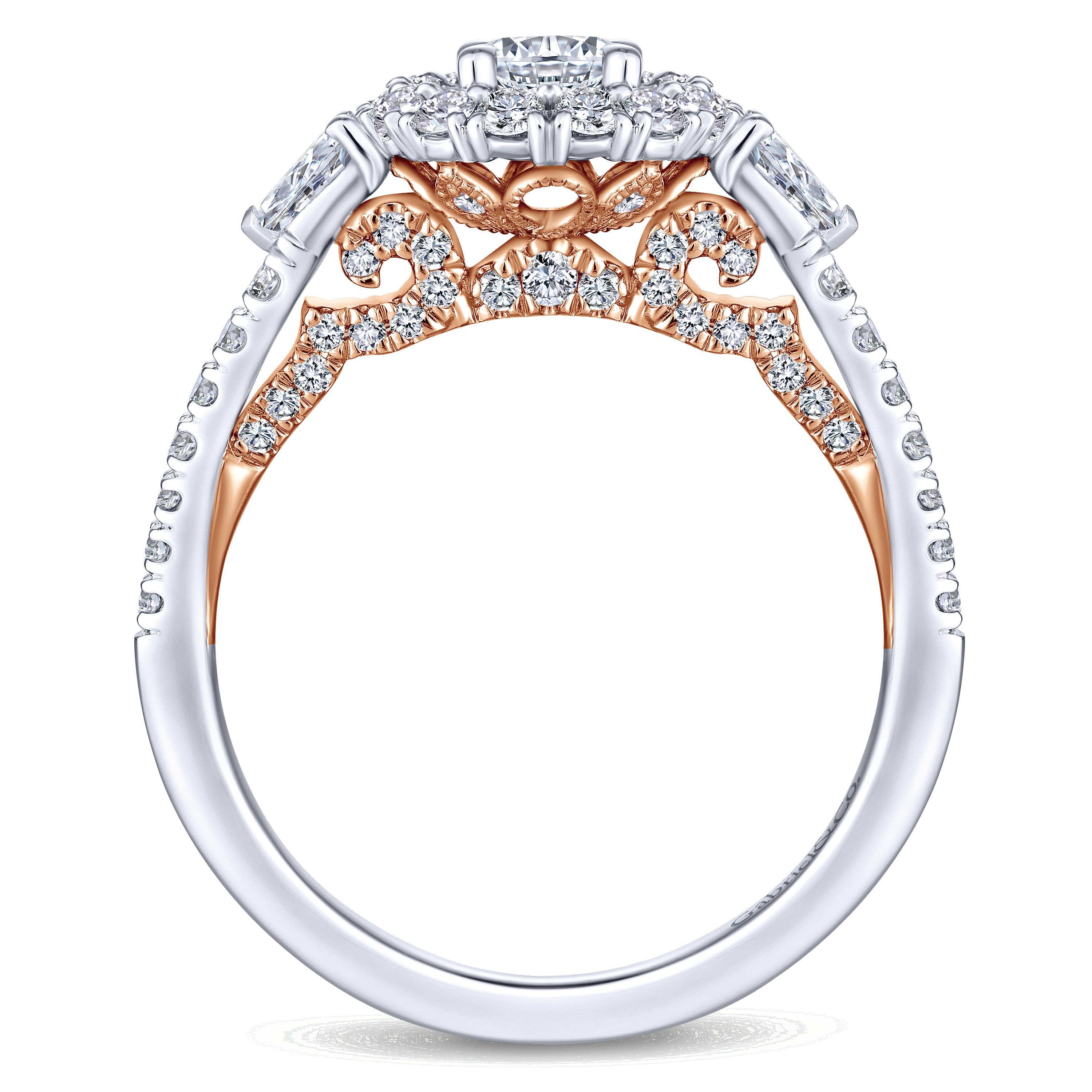 Lumi - Complete 14K White-Rose Gold Round Three Stone Double Halo Diamond Engagement Ring - 1.07 ct - Shot 2