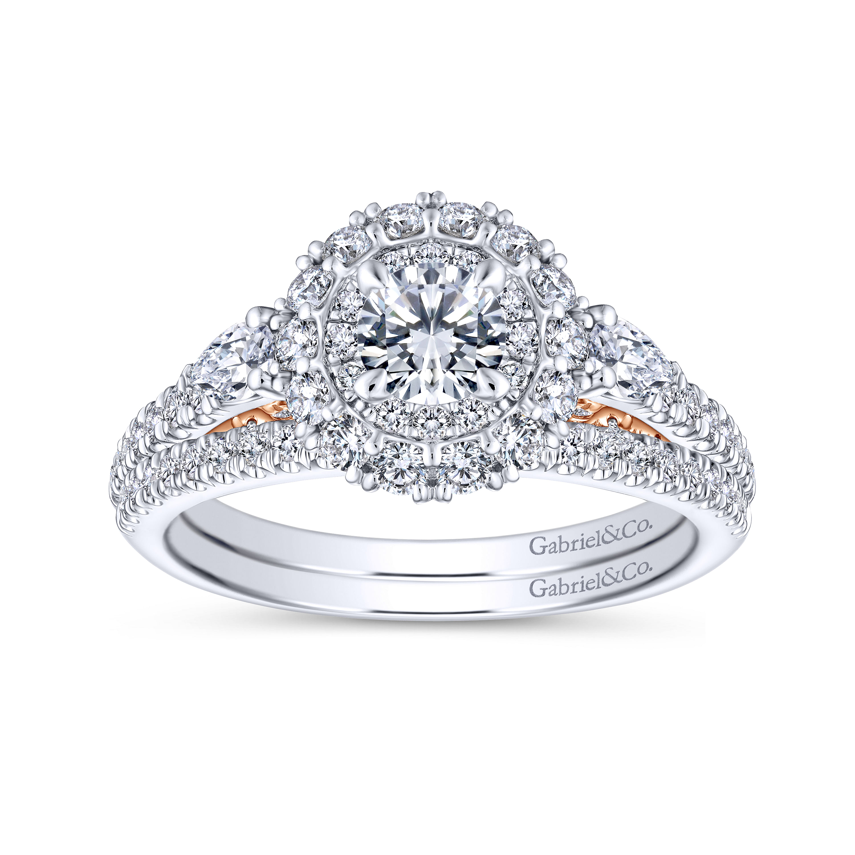 Lumi - Complete 14K White-Rose Gold Round Three Stone Double Halo Diamond Engagement Ring - 1.07 ct - Shot 4