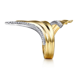 Lumiere - 14K White  Yellow Gold Diamond and Diamond Cut Bypass Ring