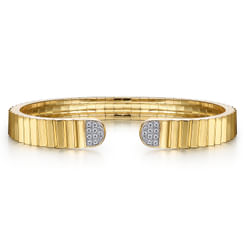 Lumiere - 14K Yellow Gold Diamond Open Cuff Bangle in Diamond Cut Texture