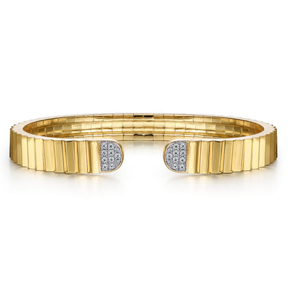 Lumiere - 14K Yellow Gold Diamond Open Cuff Bangle in Diamond Cut Texture