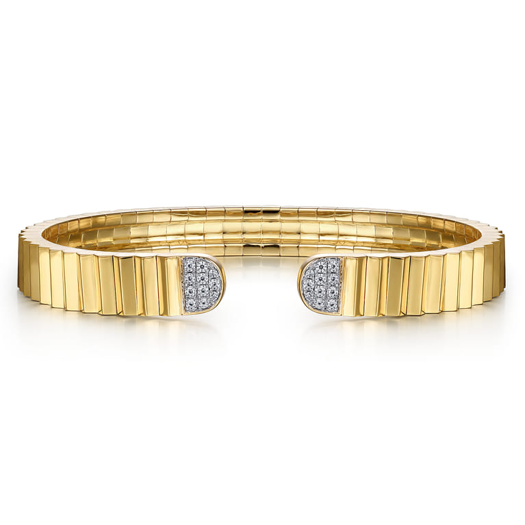 Lumiere - 14K Yellow Gold Diamond Open Cuff Bangle in Diamond Cut Texture - 0.2 ct - Shot 1