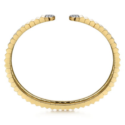 Lumiere - 14K Yellow Gold Diamond Open Cuff Bangle in Diamond Cut Texture