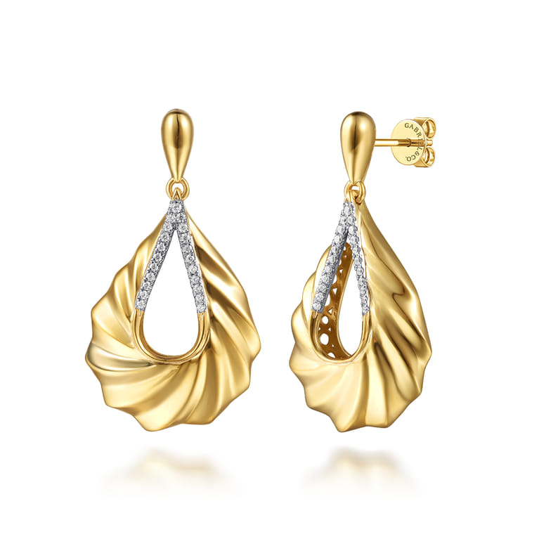 Lumiere - 14K Yellow Gold Diamond and Diamond Cut Stud Drop Earrings - 0.15 ct - Shot 1