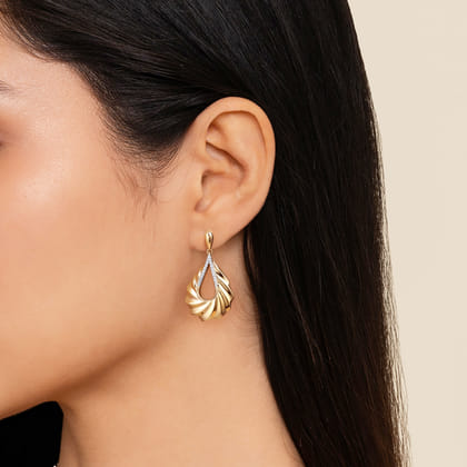 Lumiere - 14K Yellow Gold Diamond and Diamond Cut Stud Drop Earrings