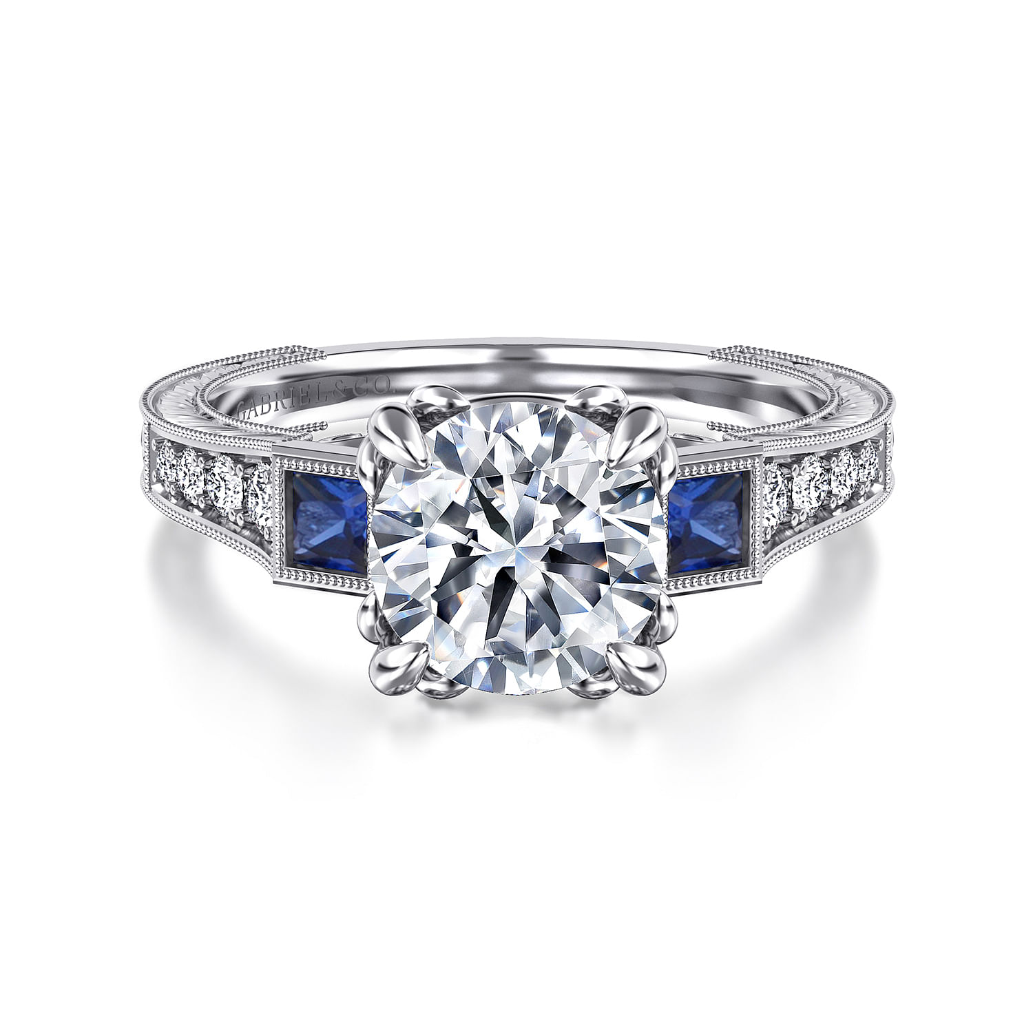Lunaria - Vintage Inspired 14K White Round Three Stone Sapphire and Diamond Engagement Ring
