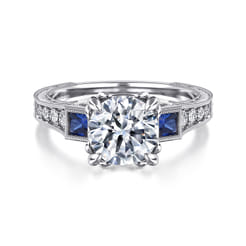 Lunaria - Vintage Inspired 14K White Round Three Stone Sapphire and Diamond Engagement Ring