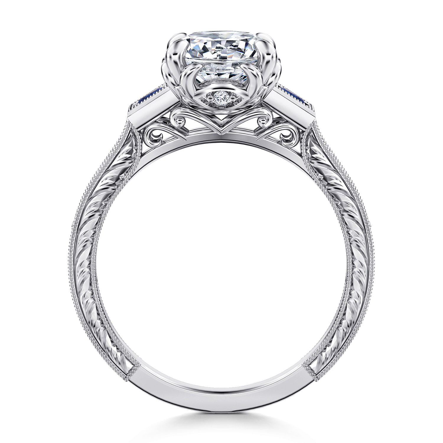 Lunaria - Vintage Inspired 14K White Round Three Stone Sapphire and Diamond Engagement Ring