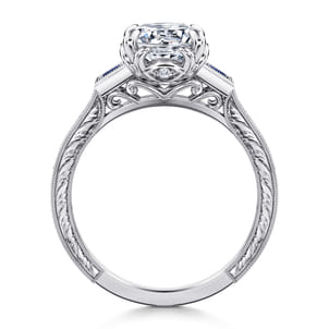 Lunaria - Vintage Inspired 14K White Round Three Stone Sapphire and Diamond Engagement Ring