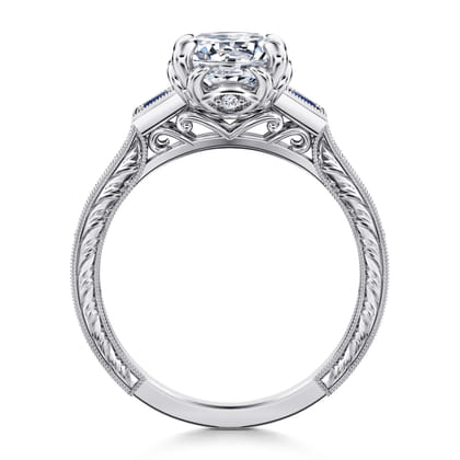 Lunaria - Vintage Inspired 14K White Round Three Stone Sapphire and Diamond Engagement Ring