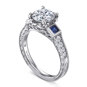 Lunaria - Vintage Inspired 14K White Round Three Stone Sapphire and Diamond Engagement Ring