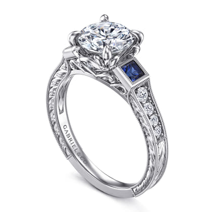 Lunaria - Vintage Inspired 14K White Round Three Stone Sapphire and Diamond Engagement Ring