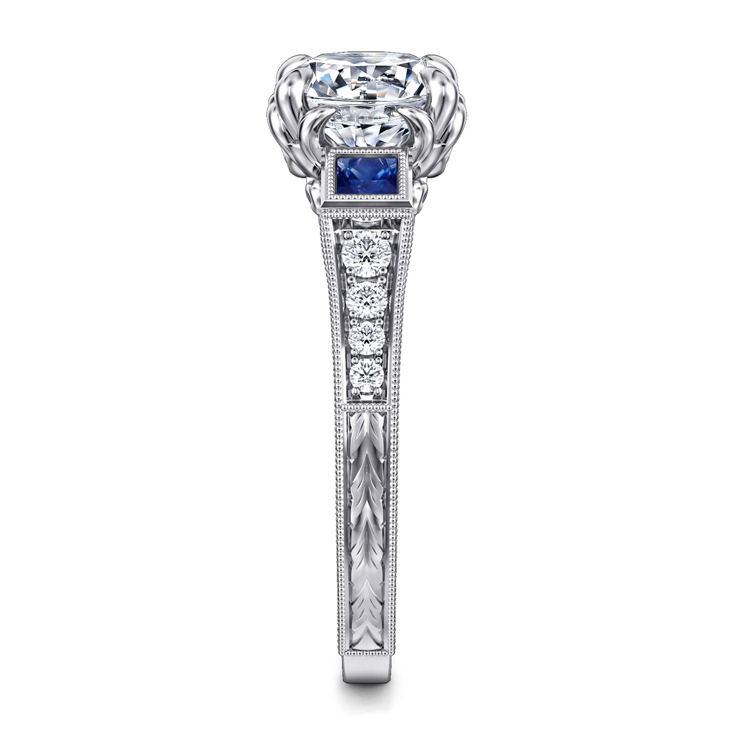 Lunaria - Vintage Inspired 14K White Round Three Stone Sapphire and Diamond Engagement Ring