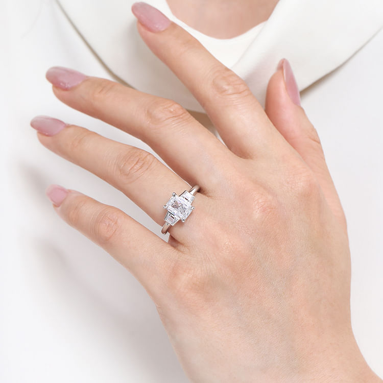 Lyon - 14K White Gold Radiant Cut Three Stone Diamond Engagement Ring