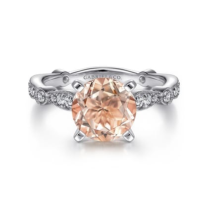 Mabel - Vintage Inspired 14K White Gold Round Morganite and Diamond Engagement Ring
