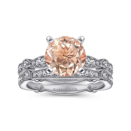 Mabel - Vintage Inspired 14K White Gold Round Morganite and Diamond Engagement Ring