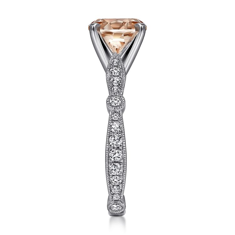 Mabel - Vintage Inspired 14K White Gold Round Morganite and Diamond Engagement Ring