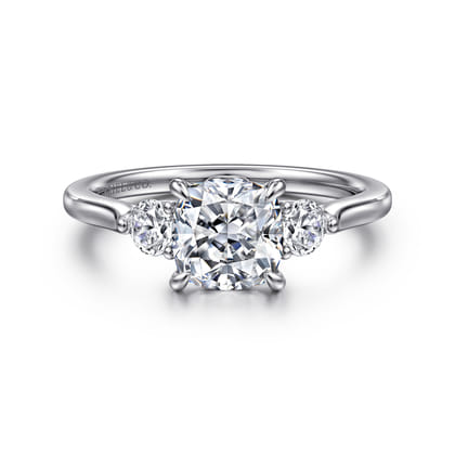 Madison - 14K White Gold Cushion Cut Three Stone Lotus Diamond Engagement Ring